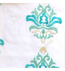 Aqua blue and beige color traditional embroidery damask pattern in white background sheer curtain