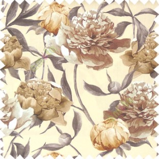 Brown grey beige white color beautiful big flower with long stem with leaf and flower buds on pure cotton background curtain fabric