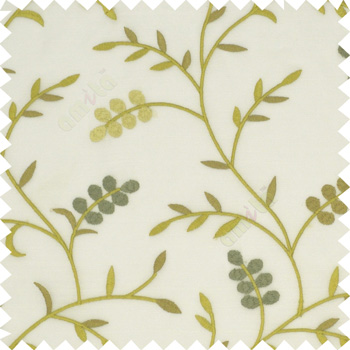Grey beige white color natural look beautiful floral twig pattern leaf flower buds circles embroidery designs with thick fabric poly sheer curtain