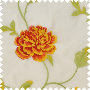 Big bright red and yellow rose flower with green and yellow mixed leaves brown stem on a half white base silk slub texture sheer curtain
