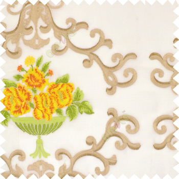 Yellow green beige white color beautiful damask embroidery design with beautiful decorative rose flower small leaves transparent base fabric poly sheer curtain