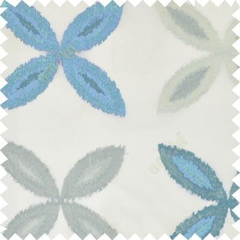 Blue grey color big ikat flower traditional embroidery pattern with polyester background fabric on cream base sheer curtain