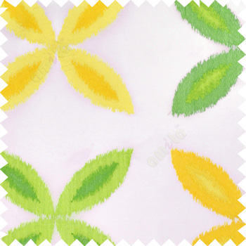 Green yellow color big ikat flower traditional embroidery pattern with polyester background fabric on cream base sheer curtain