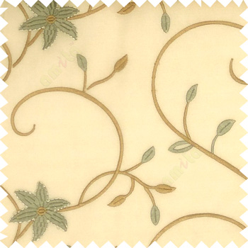 Green gold color beautiful floral long swirls small leaf embroidery designs with transparent polyester base fabric flowers sheer curtain