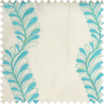 Blue white color vertical flowing floral long leaf embroidery designs with polyester transparent background sheer curtain