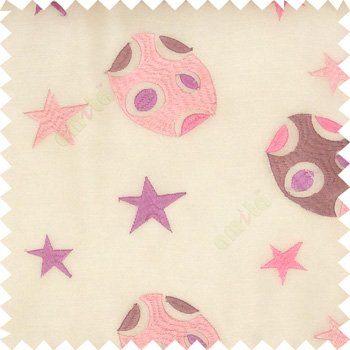 Purple pink white color kids embroidery designs stars circles planets horizontal lines with transparent polyester background sheer curtain