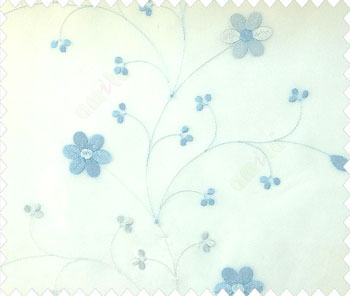 Beautiful daisy flower blue white color oval shaped flower buds continues embroidery pattern polyester sheer curtain