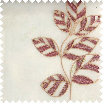 Mehroon white gold color Floral leaves vertical flowing pattern with transparent polyester background sheer curtain