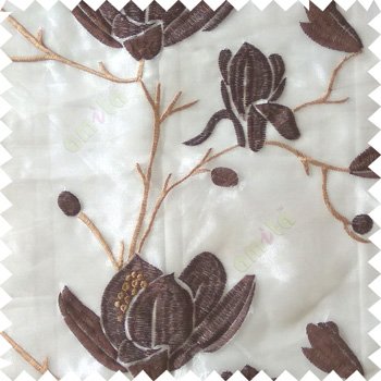 Brown beige color natural floral tree flowers branch buds embroidery pattern with transparent polyester background sheer curtain