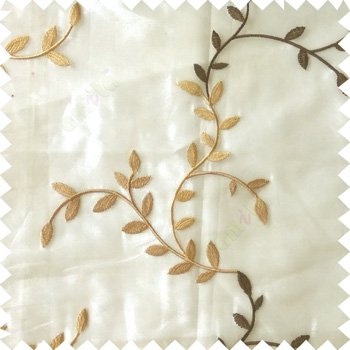 Brown beige color natural floral hanging leaf vertical embroidery pattern with thick polyester background sheer curtain