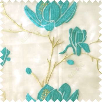 Blue green grey color natural floral tree flowers branch buds embroidery pattern with transparent polyester background sheer curtain
