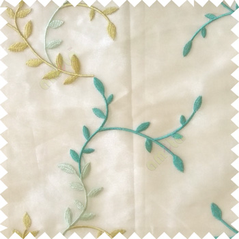 Blue green grey color natural floral hanging leaf vertical embroidery pattern with thick polyester background sheer curtain