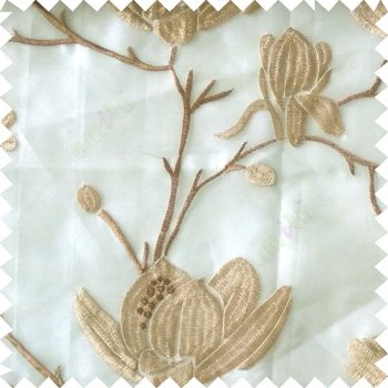 Brown beige color natural floral tree flowers branch buds embroidery pattern with transparent polyester background sheer curtain