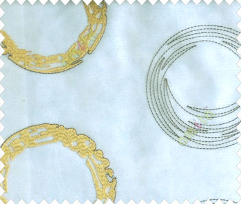 Abstract large circle with yo-yo design on white base brown gold design sheer curtain