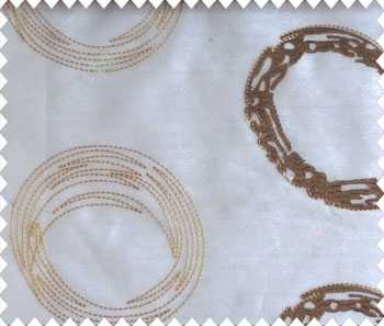 Abstract large circle with yo-yo design on white base yellow and brown sheer curtain