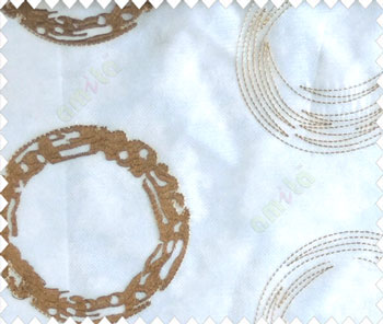 Abstract large circle with yo-yo design on white base brown and gold sheer curtain