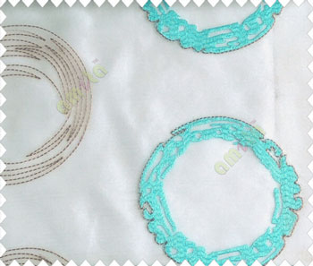 Abstract large circle with yo-yo design on white base turquoise and dark brown sheer curtain