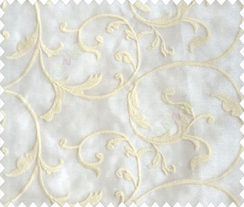 Cream on cream base small scroll leaves on stem continuous embroidery sheer curtain