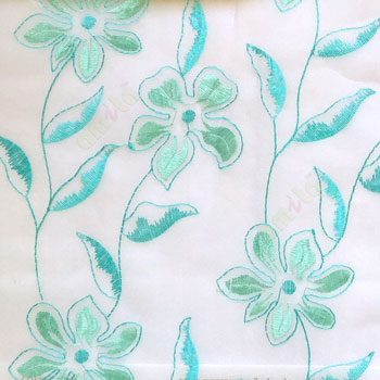 Beautiful aqua blue flower long stem support leaf floral design white background sheer curtain