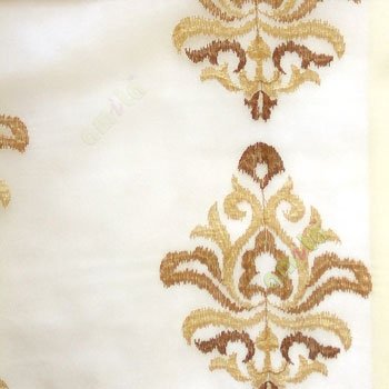 Brown beige color traditional embroidery damask pattern in cream background sheer curtain
