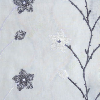 Grey cream white color floral twig embroidery pattern flower natural cotton buds cotton finished sheer curtain