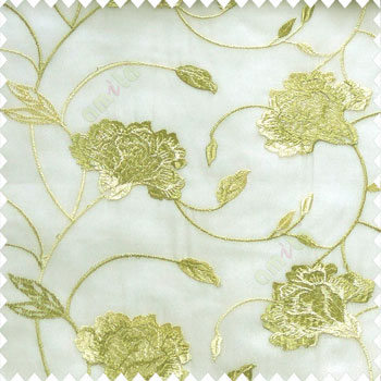Beautiful natural green cream color rose flower with long leaf embroidery floral pattern tendril flower poly fabric sheer curtain