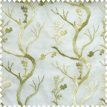 Pure green beige color natural old tree floral cotton buds branches flowing designs net background embroidery patterns poly fabric sheer curtain