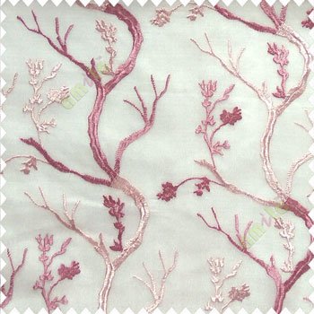 Dark pink with light pink color combination natural old tree floral cotton buds branches flowing designs net background embroidery patterns poly fabric sheer curtain