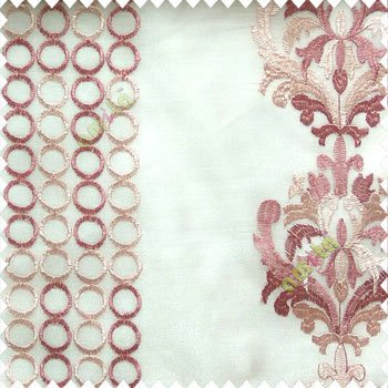 Dark pink and light pink color combination traditional damask vertical circles stripes geometric designs embroidery poly fabric sheer curtain
