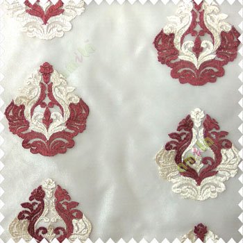 Maroon cream color beautiful embroidery damask design traditional pattern embossed fines work with net background poly fabric main curtain