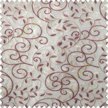 Maroon cream color beautiful embroidery swirl pattern leaf spring zigzag stitched designs poly fabric sheer curtain