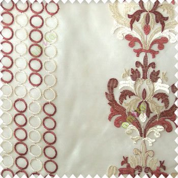 Maroon cream white color combination traditional damask vertical circles stripes geometric designs embroidery poly fabric sheer curtain
