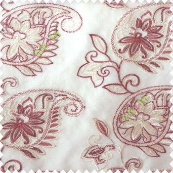 Maroon cream white color traditional paisley design leaf swirls star flower zigzag stitched with net background poly fabric sheer curtain