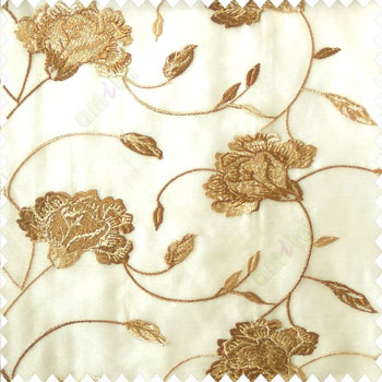 Beautiful natural brown beige color rose flower with longleaf embroidery floral pattern tendril flower poly fabric sheer curtain
