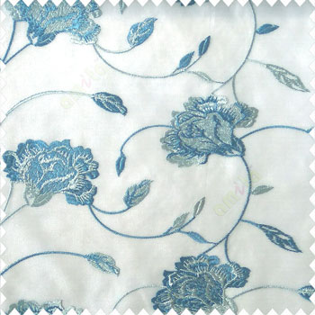 Beautiful natural blue cream color rose flower with longleaf embroidery floral pattern tendril flower poly fabric sheer curtain