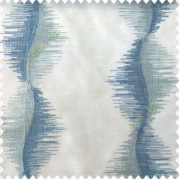 Blue white color vertical flowing lines sound vibration effect horizontal thread graph lines embroidery finished patterns poly fabric sheer curtain