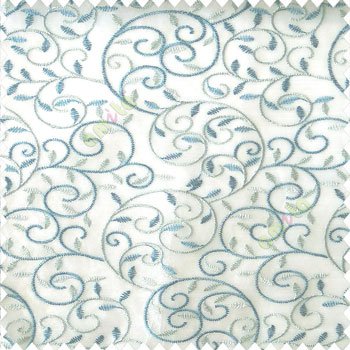 Blue white color beautiful embroidery swirl pattern leaf spring zigzag stitched designs poly fabric sheer curtain