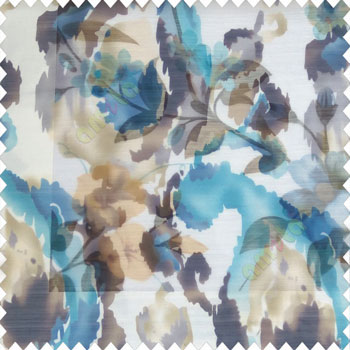 Blue brown white green color traditional digital random designs abstract flower leaf fruits patterns poly fabric sheer curtain