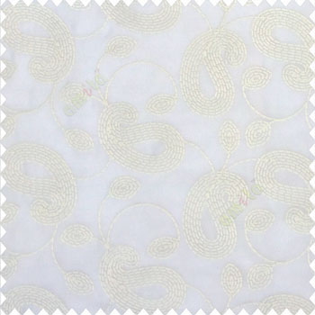 Pure white color traditional paisley flower buds inter connected layer of designs beautiful finished embroidery soft thread work poly fabric sheer curtain