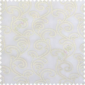 Pure white color traditional bold swirls floral pattern continues repeat design embroidery soft thread work poly fabric sheer curtain