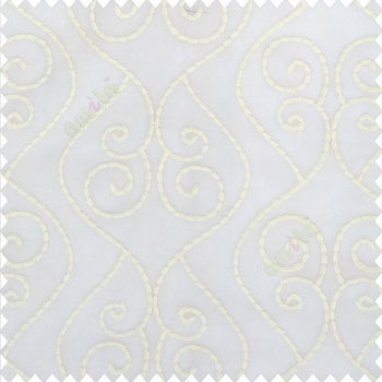 Pure white color traditional ogee designs digital lines single lines swirls embroidery soft thread work poly fabric sheer curtain