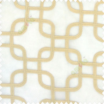 Beige gold color geometric designs abstract square shaped dice scales embroidery soft thread work poly fabric sheer curtain