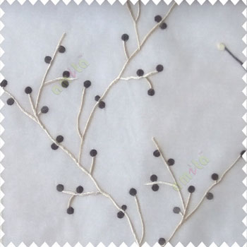 Grey cream color natural beautiful twig design circles cotton buds embroidery pattern polyester sheer curtain