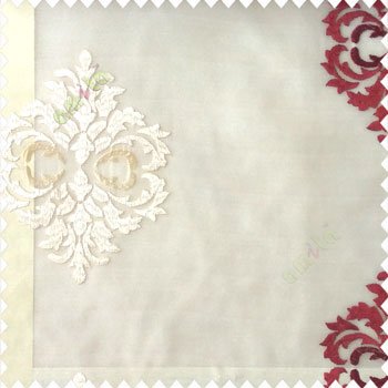 Red cream color traditional embroidery damask pattern with transparent material with horizontal thin stripes polyester sheer curtain