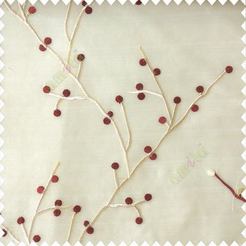 Maroon brown color natural beautiful twig design circles cotton buds embroidery pattern polyester sheer curtain