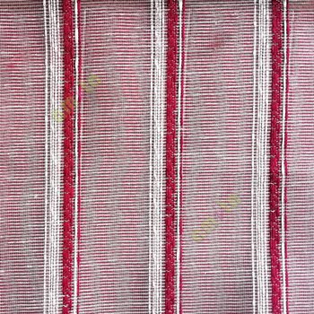 Maroon cream color vertical weaving stripes with transparent net finished surface texture lines sheer fabric