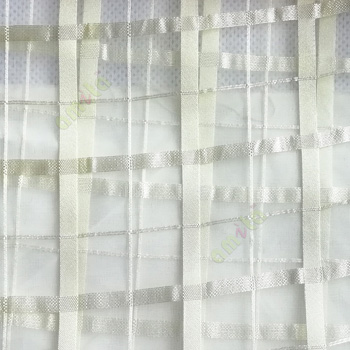 Light green color vertical and horizontal stripes texture finished checks pattern sheer fabric