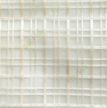 Beige color vertical and horizontal stripes texture finished checks pattern transparent net background sheer curtain fabric