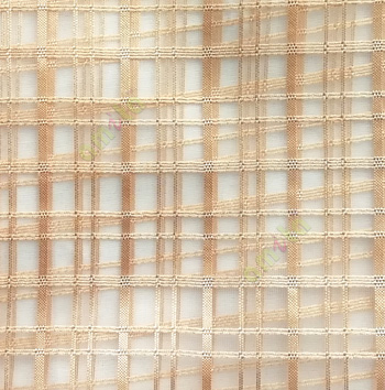 Gold color vertical and horizontal stripes texture finished checks pattern transparent net background sheer curtain fabric