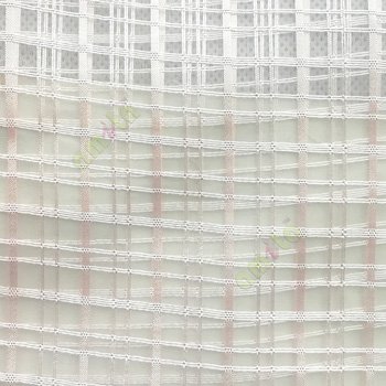 Beige color vertical and horizontal stripes texture finished checks pattern transparent net background sheer curtain fabric